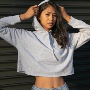 Ambiance Large Women's Gray Cropped Sweatshirt Long Sleeve Drawstrings Hoodie